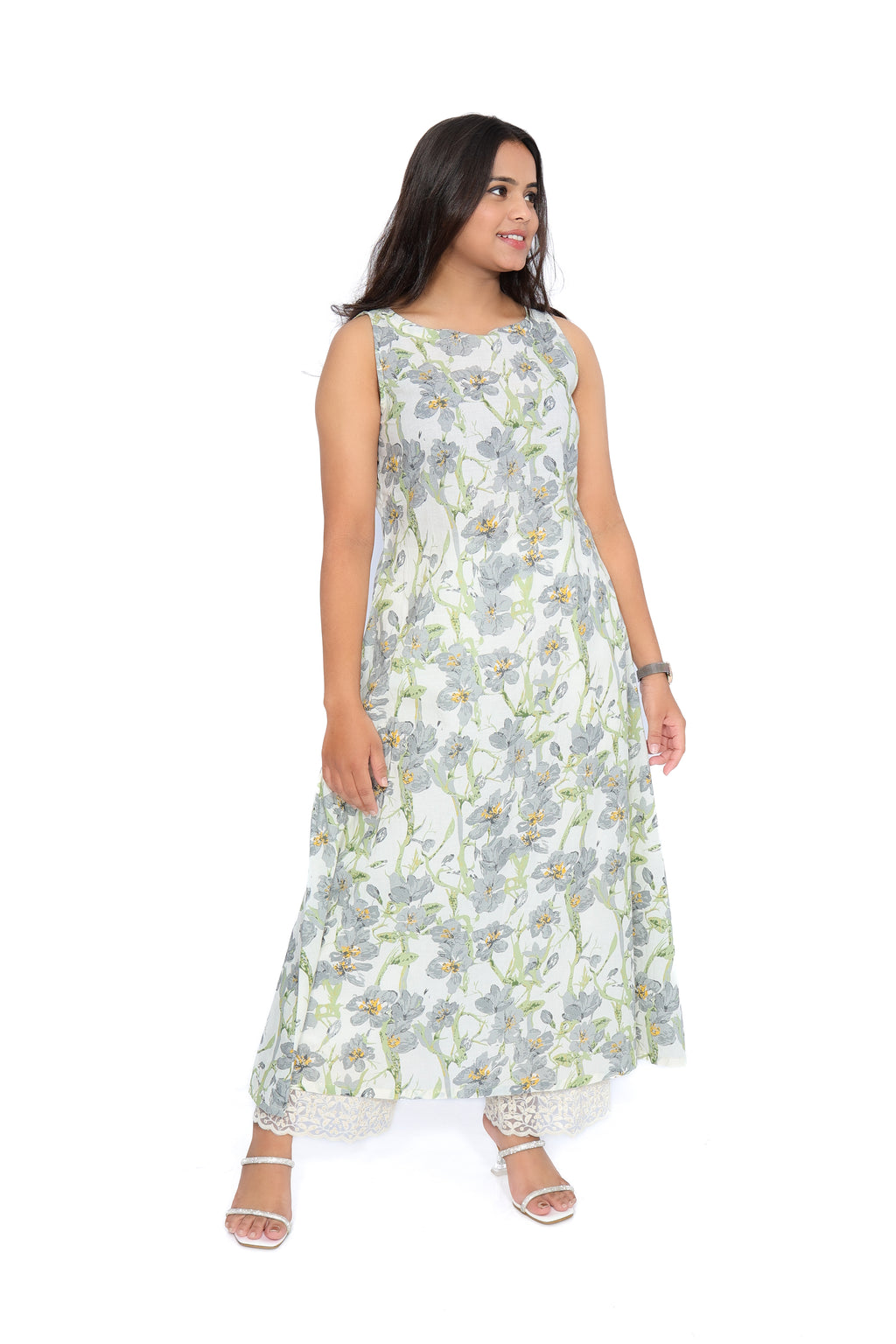 Grey Floral Cotton Sleeveless A-Line Kurta