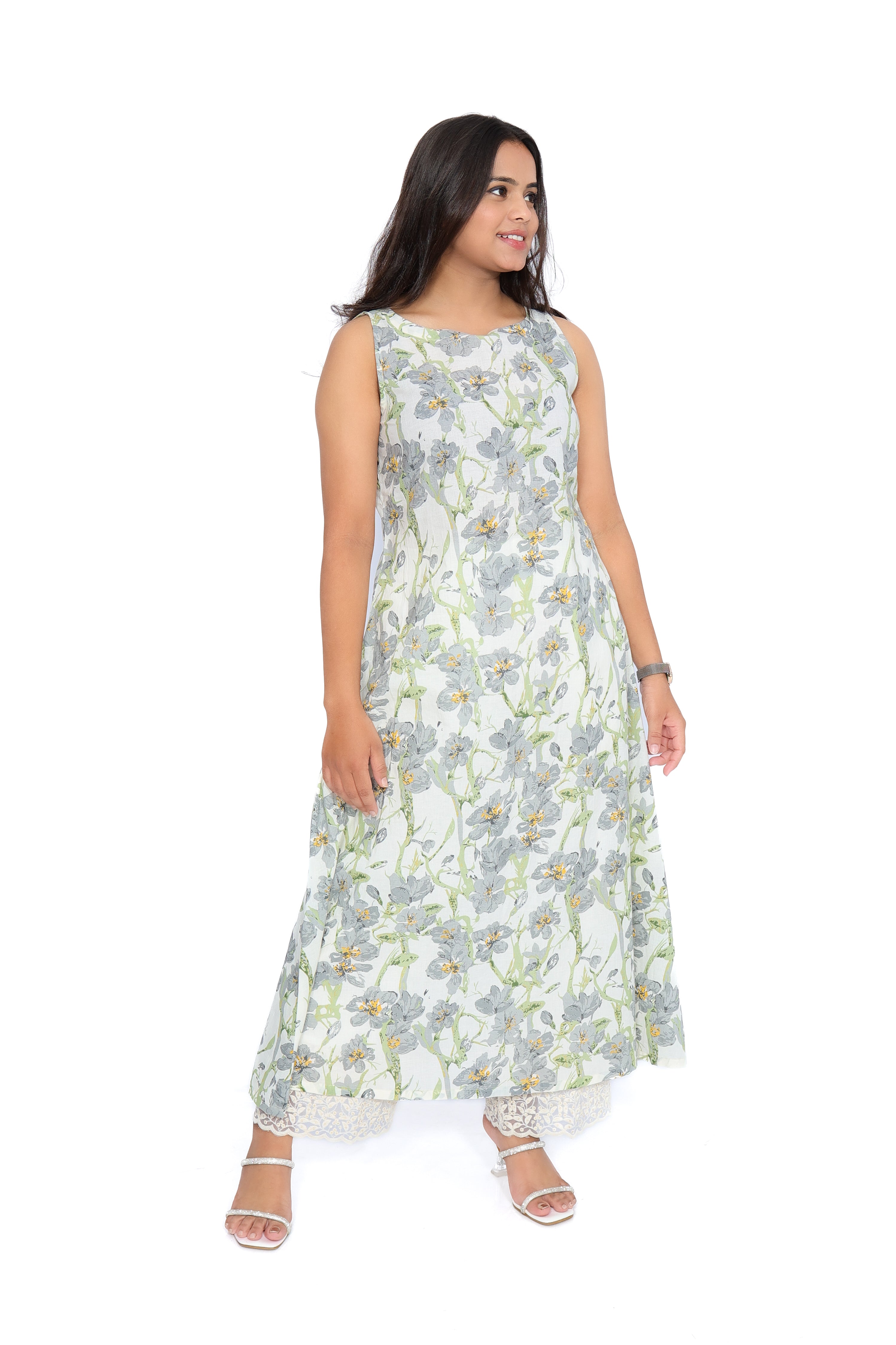 Grey Floral Cotton Sleeveless A-Line Kurta