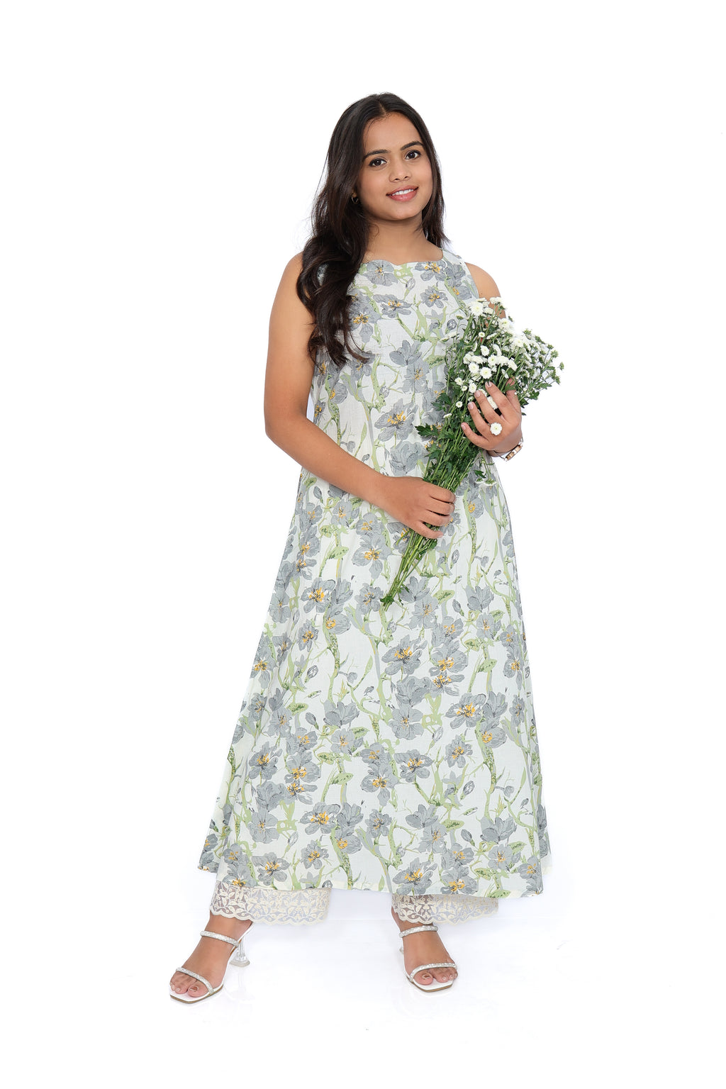 Grey Floral Cotton Sleeveless A-Line Kurta