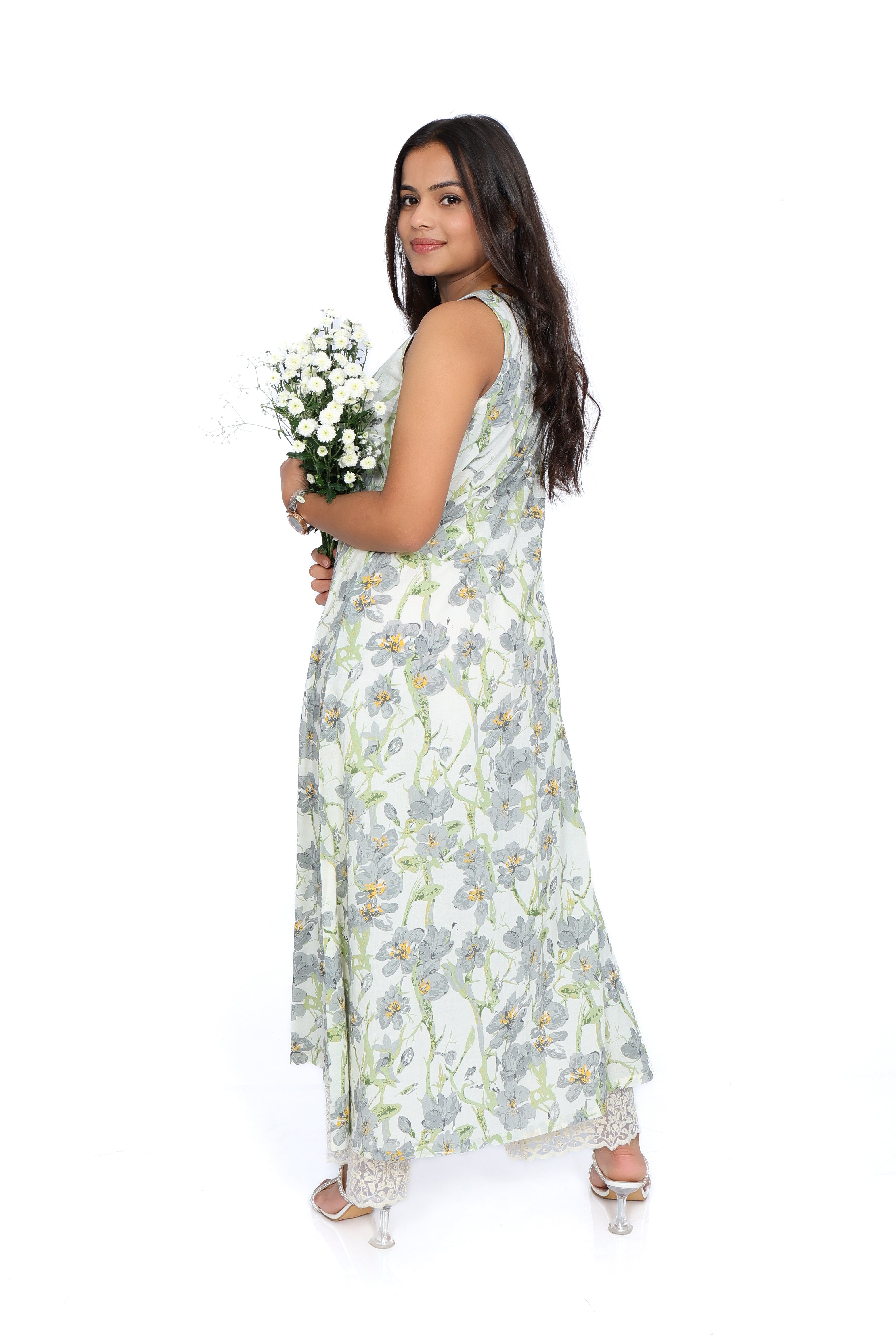 Grey Floral Cotton Sleeveless A-Line Kurta