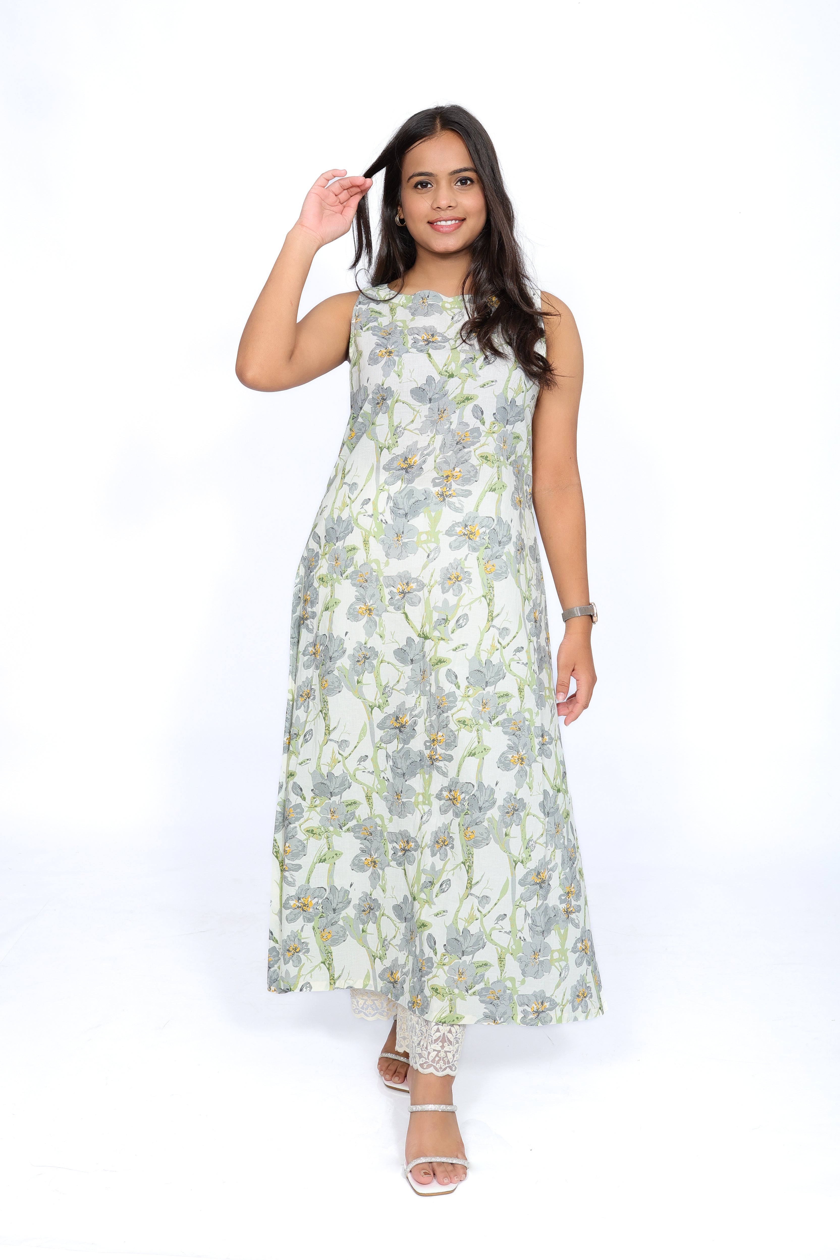 Grey Floral Cotton Sleeveless A-Line Kurta
