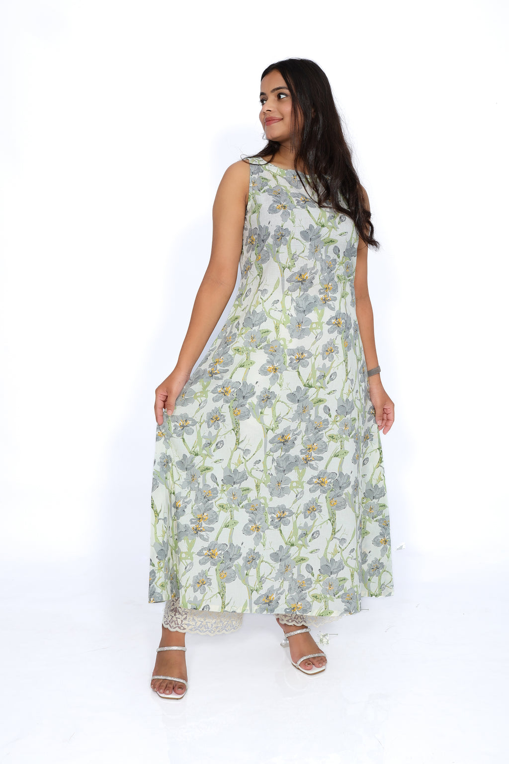 Grey Floral Cotton Sleeveless A-Line Kurta
