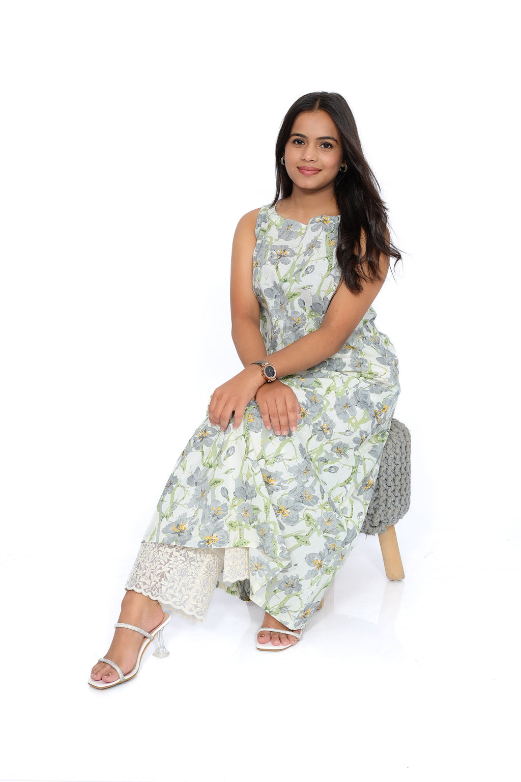 Grey Floral Cotton Sleeveless A-Line Kurta