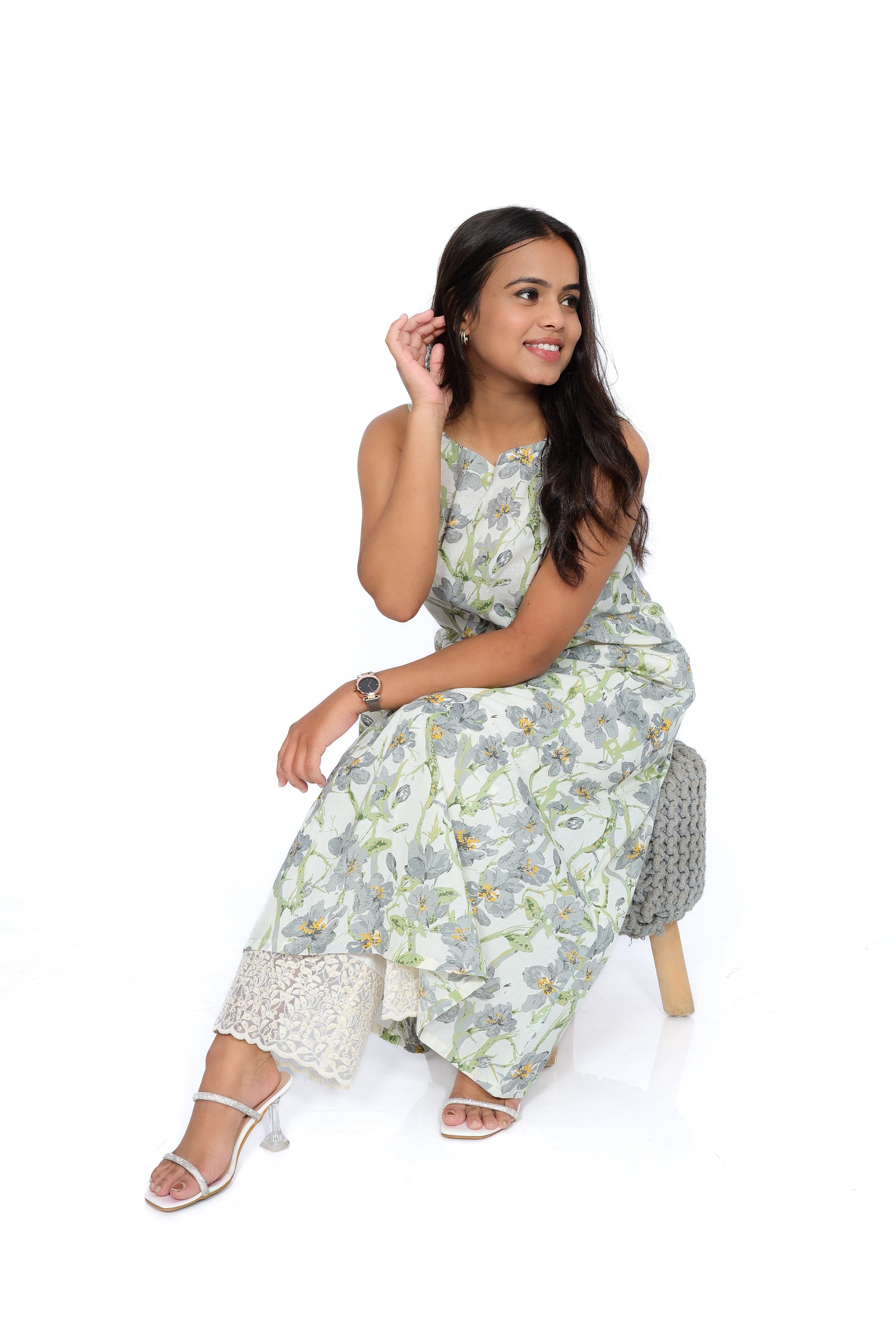 Grey Floral Cotton Sleeveless A-Line Kurta
