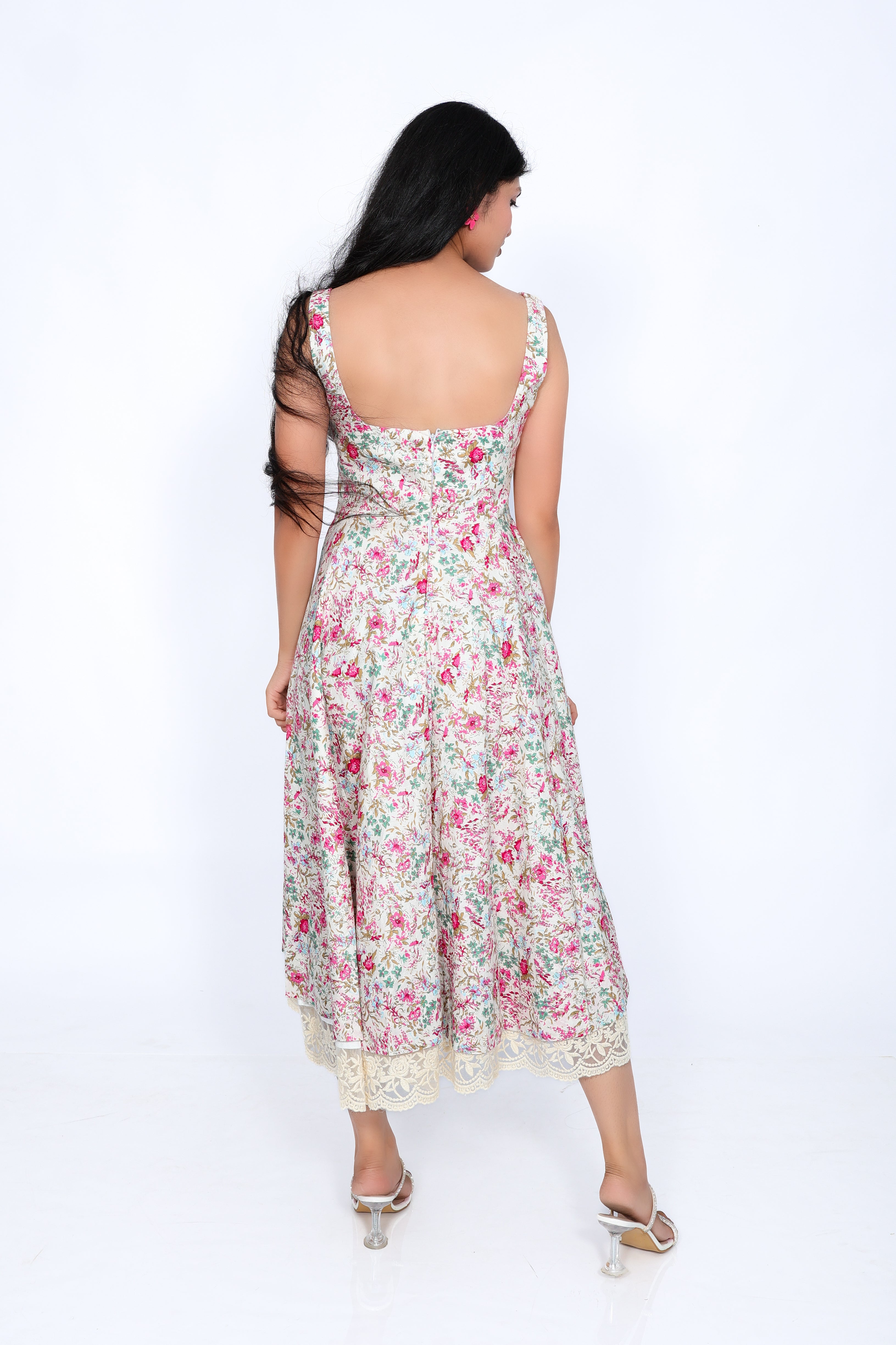 Floral Cotton Midi Dress with Lace Hem