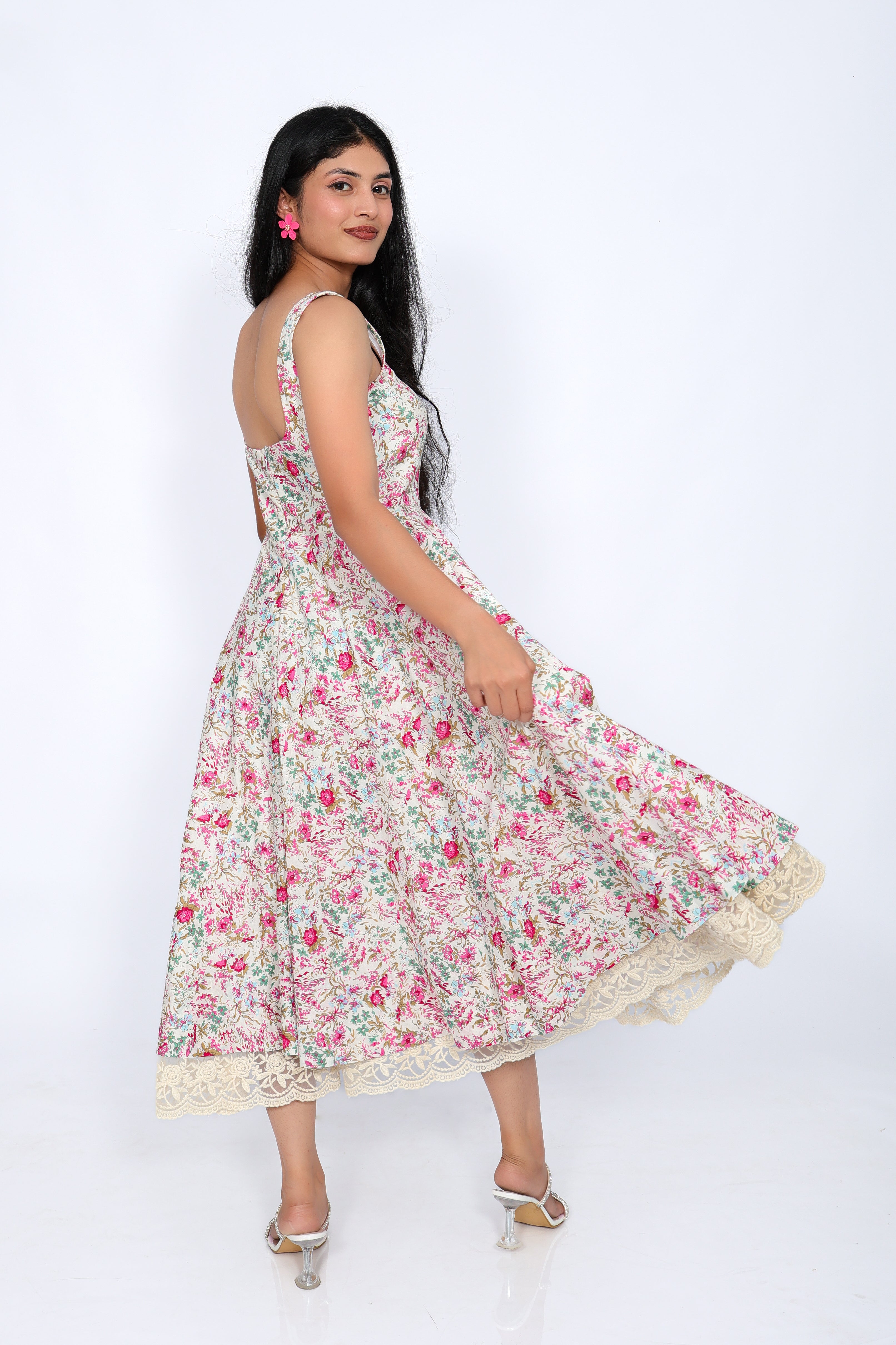 Floral Cotton Midi Dress with Lace Hem