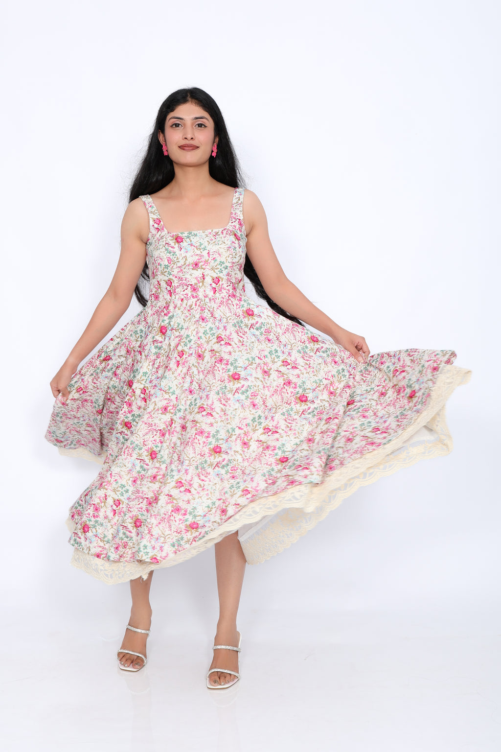 Floral Cotton Midi Dress with Lace Hem