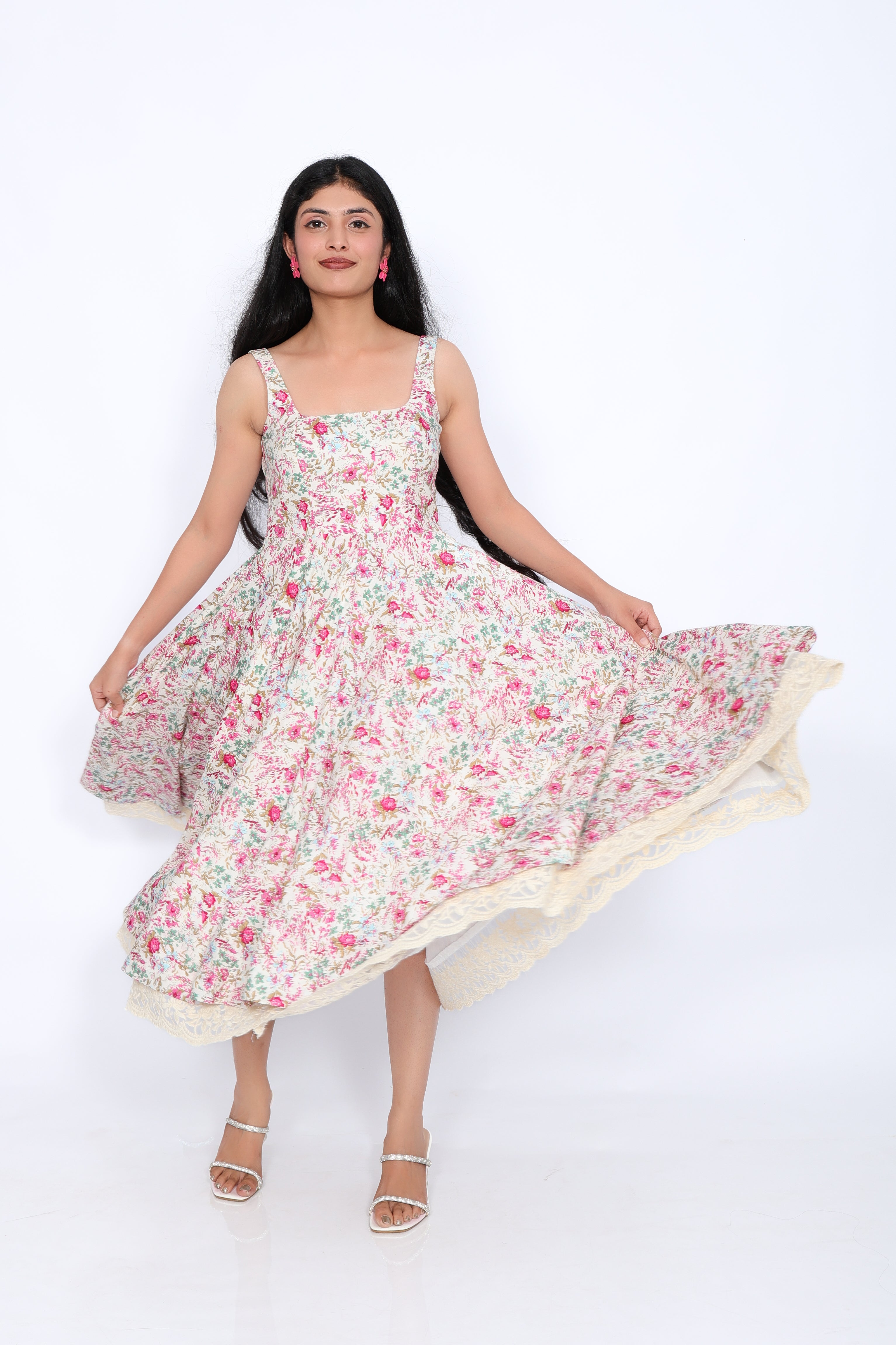 Floral Cotton Midi Dress with Lace Hem