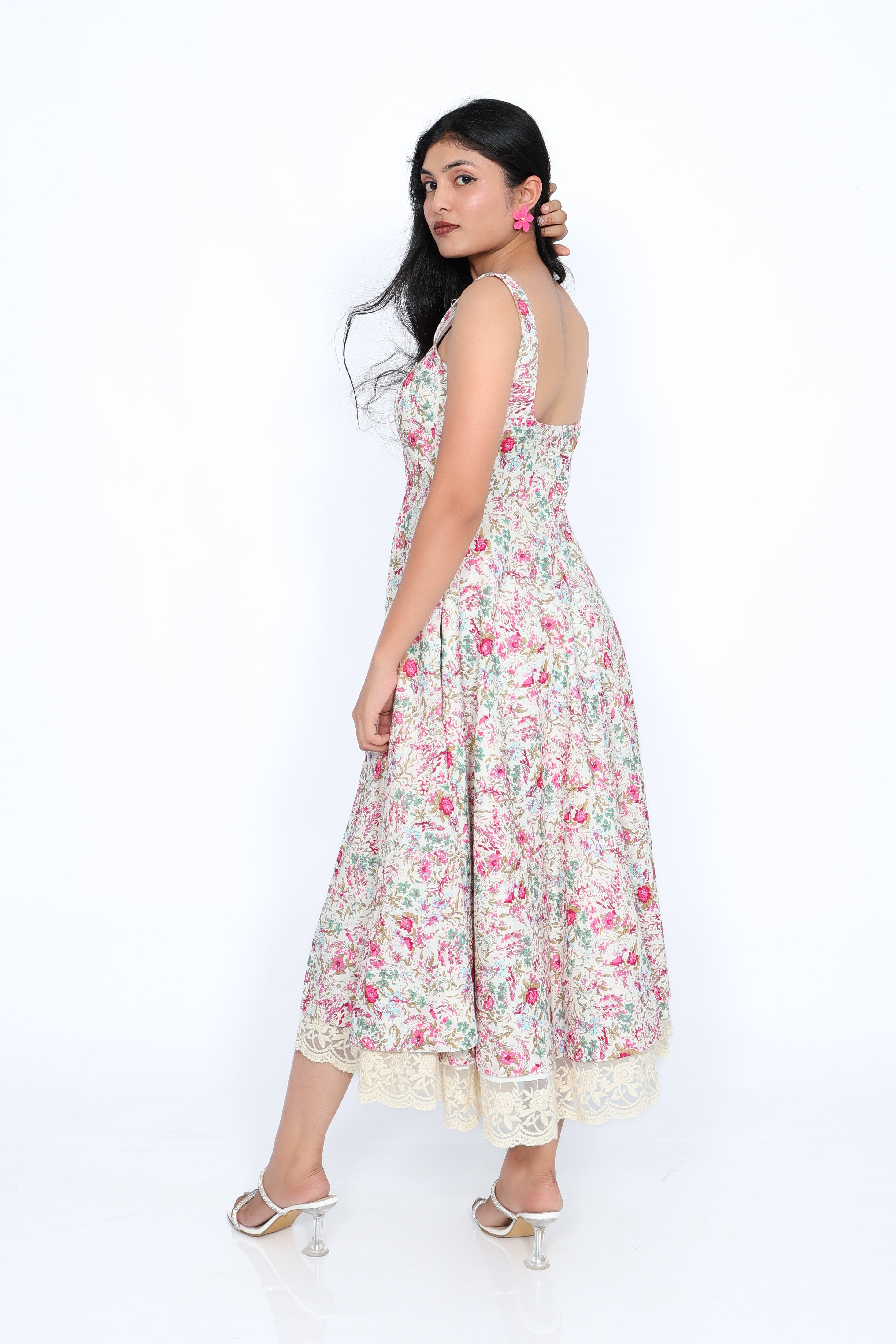 Floral Cotton Midi Dress with Lace Hem