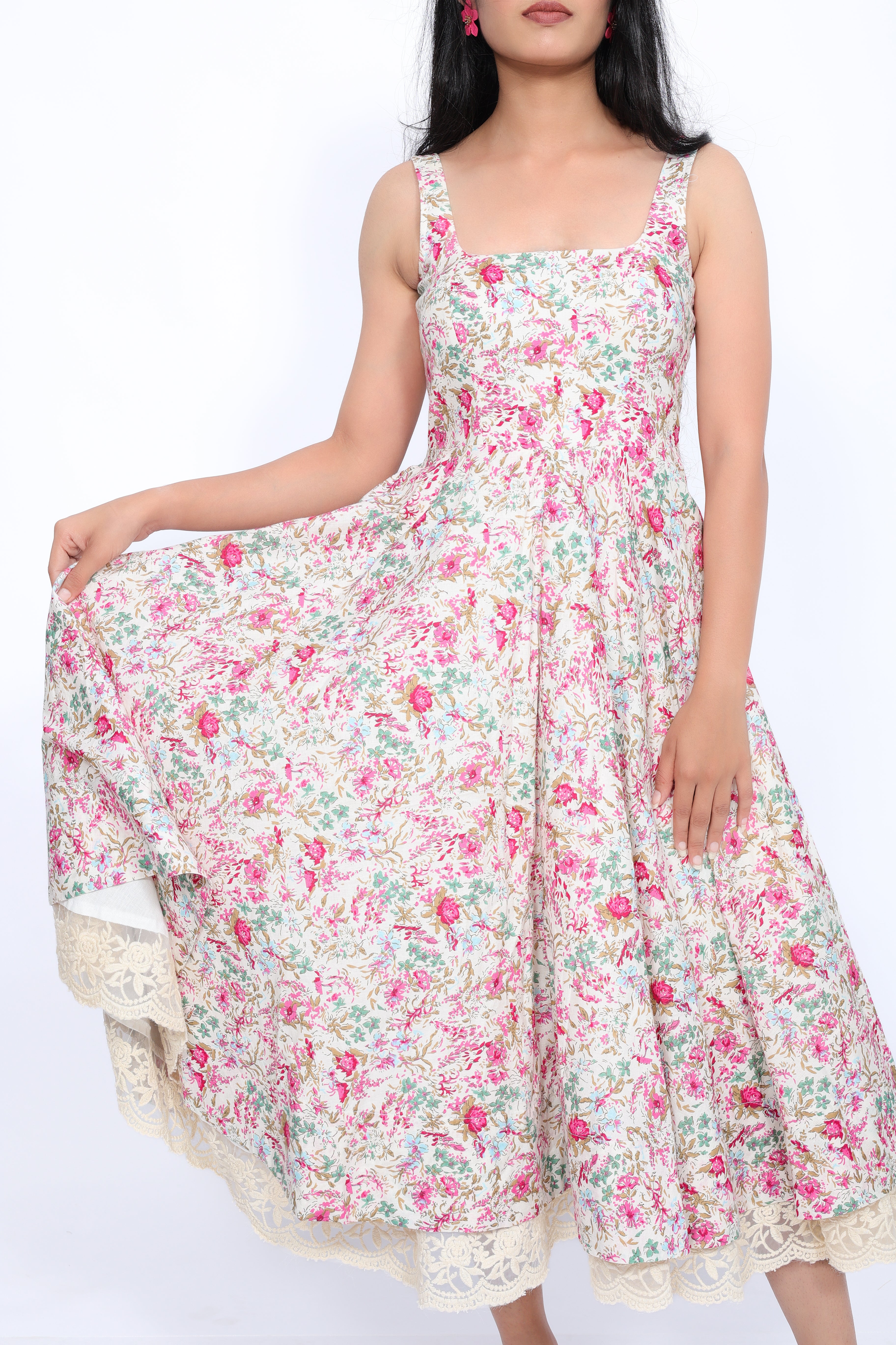 Floral Cotton Midi Dress with Lace Hem