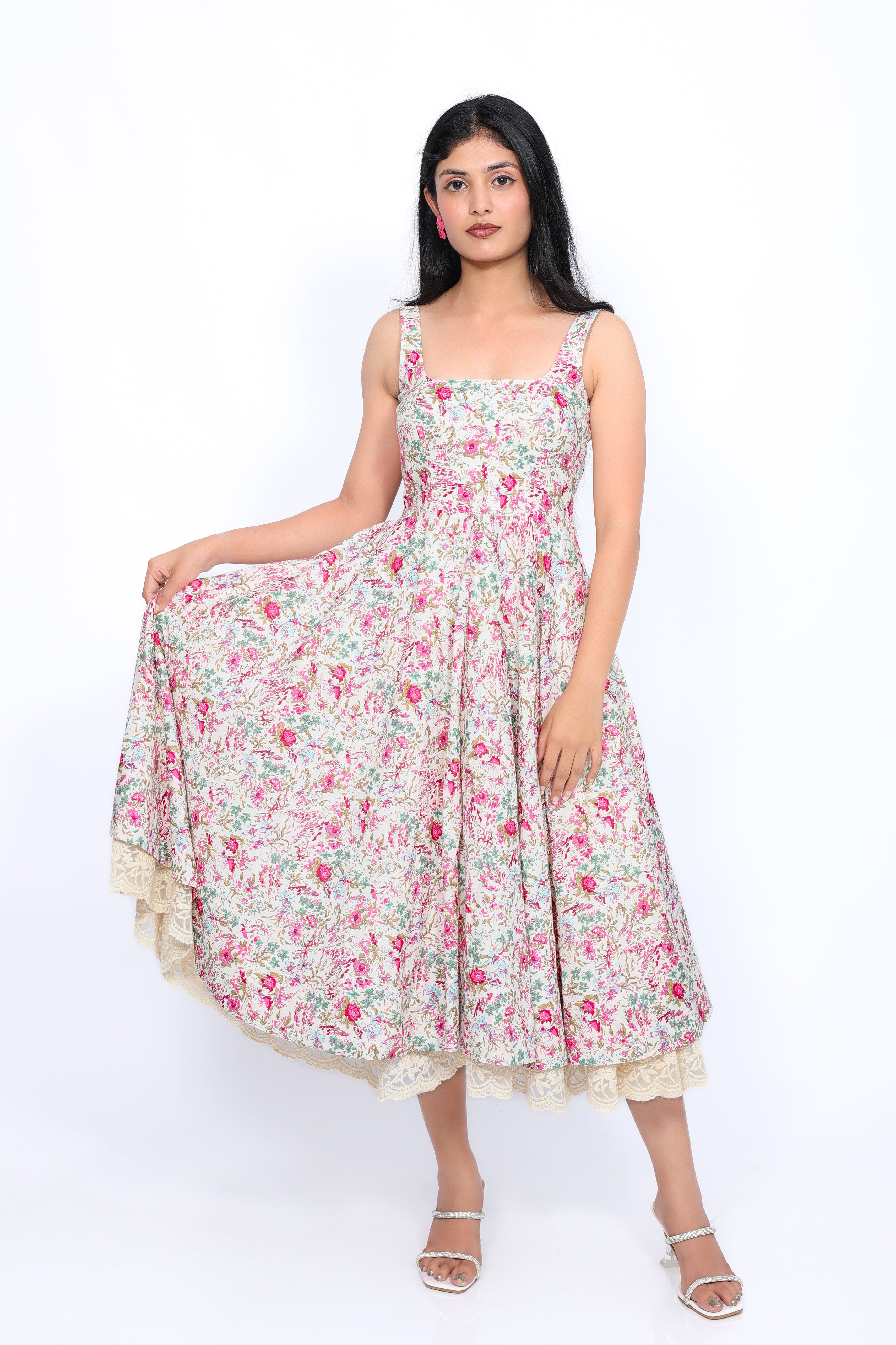 Floral Cotton Midi Dress with Lace Hem