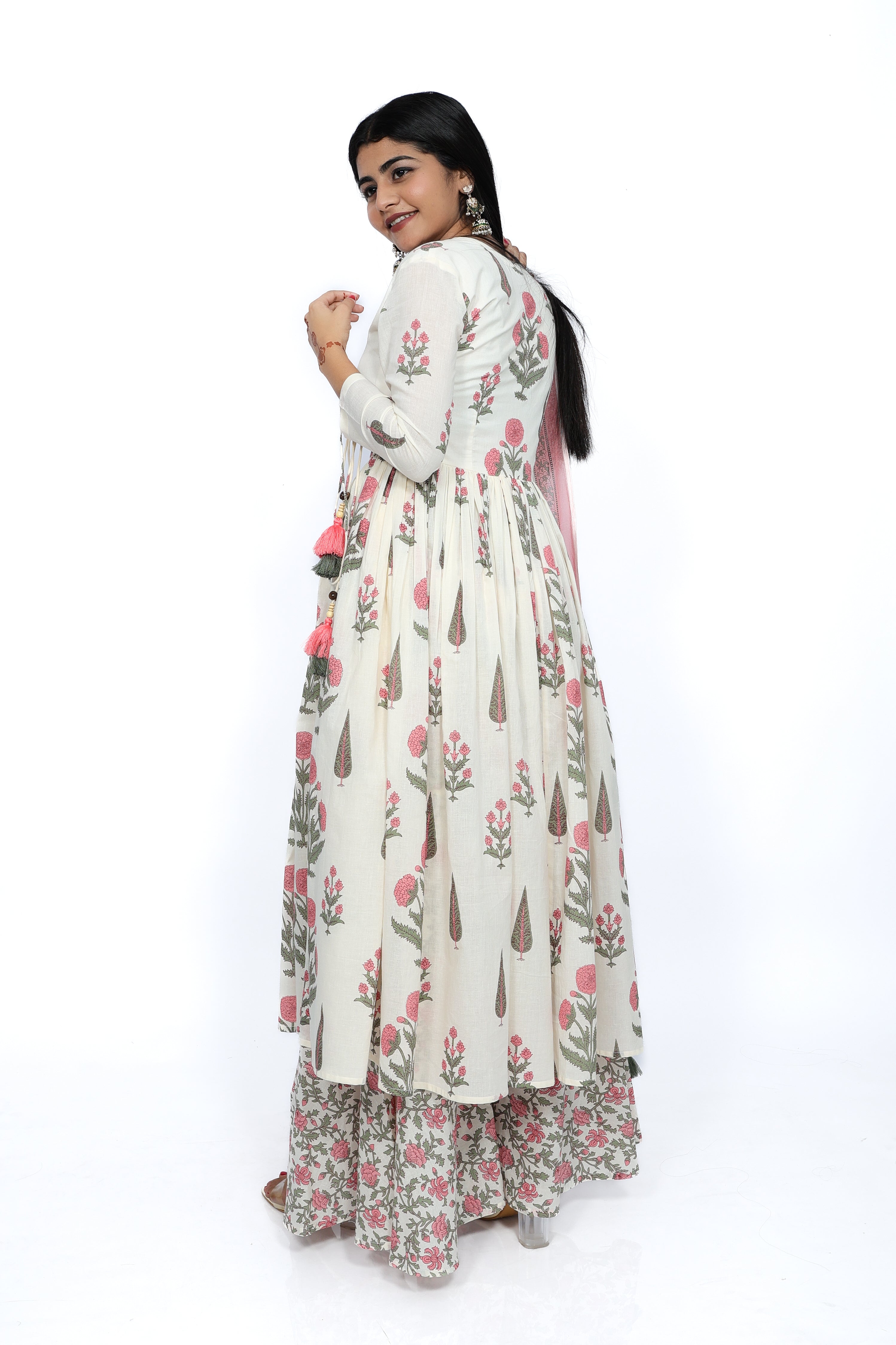 Ivory & Rose Sanganer Print 100% Cotton Anarkali Kurta Set