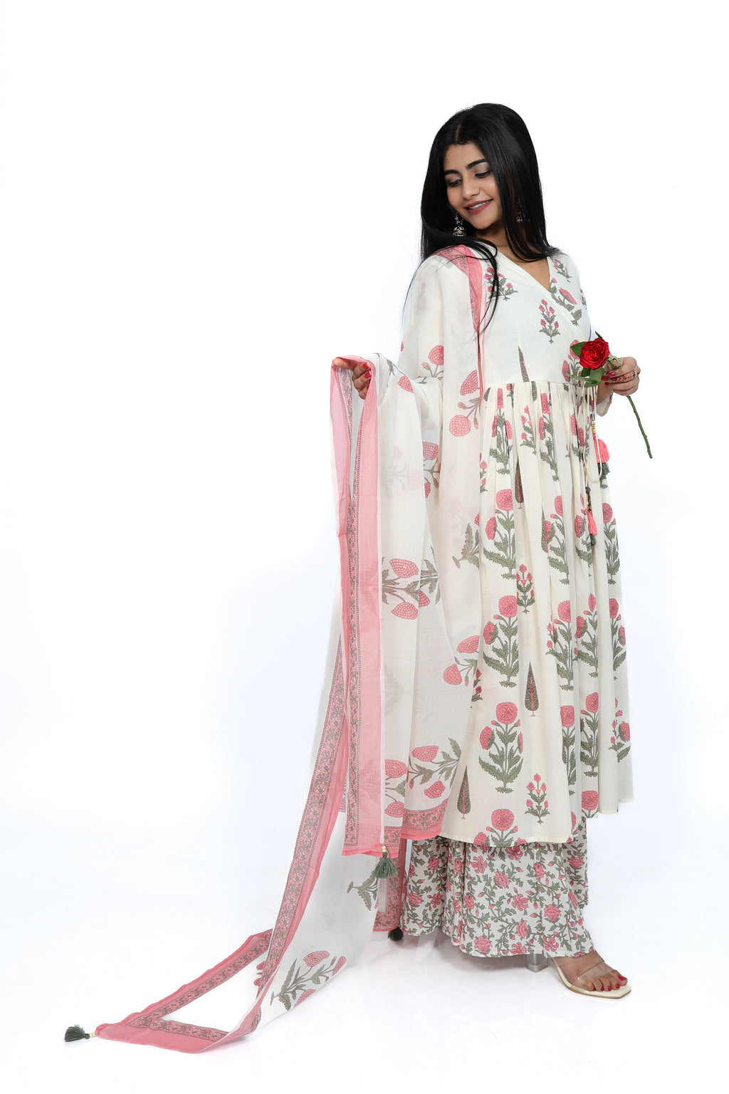 Ivory & Rose Sanganer Print 100% Cotton Anarkali Kurta Set