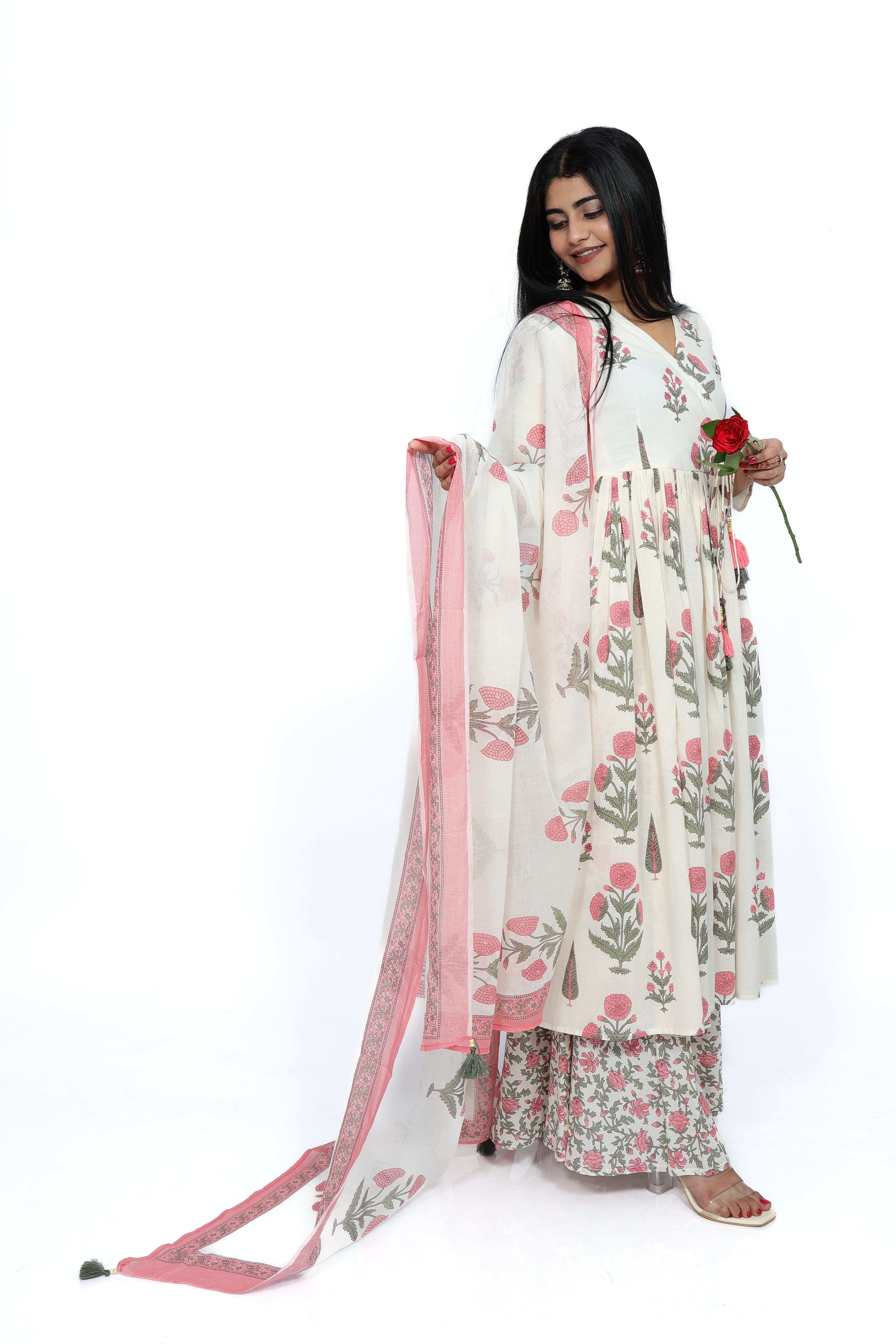 Ivory & Rose Sanganer Print 100% Cotton Anarkali Kurta Set