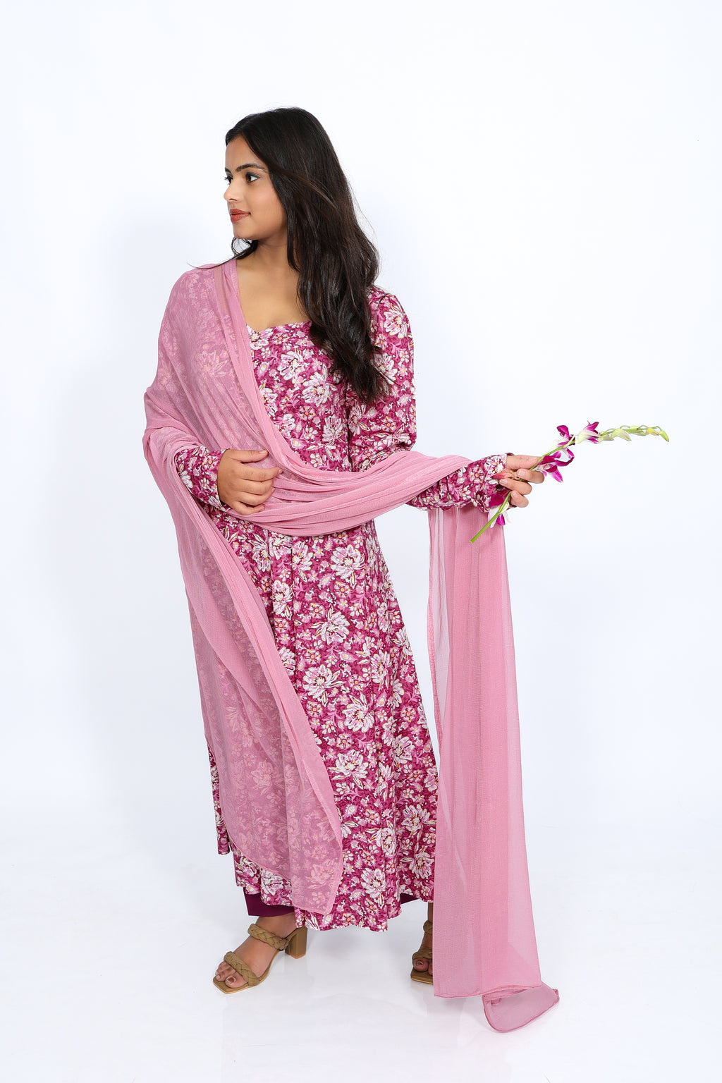 Floral Magenta 100% Cotton Anarkali Kurta Set