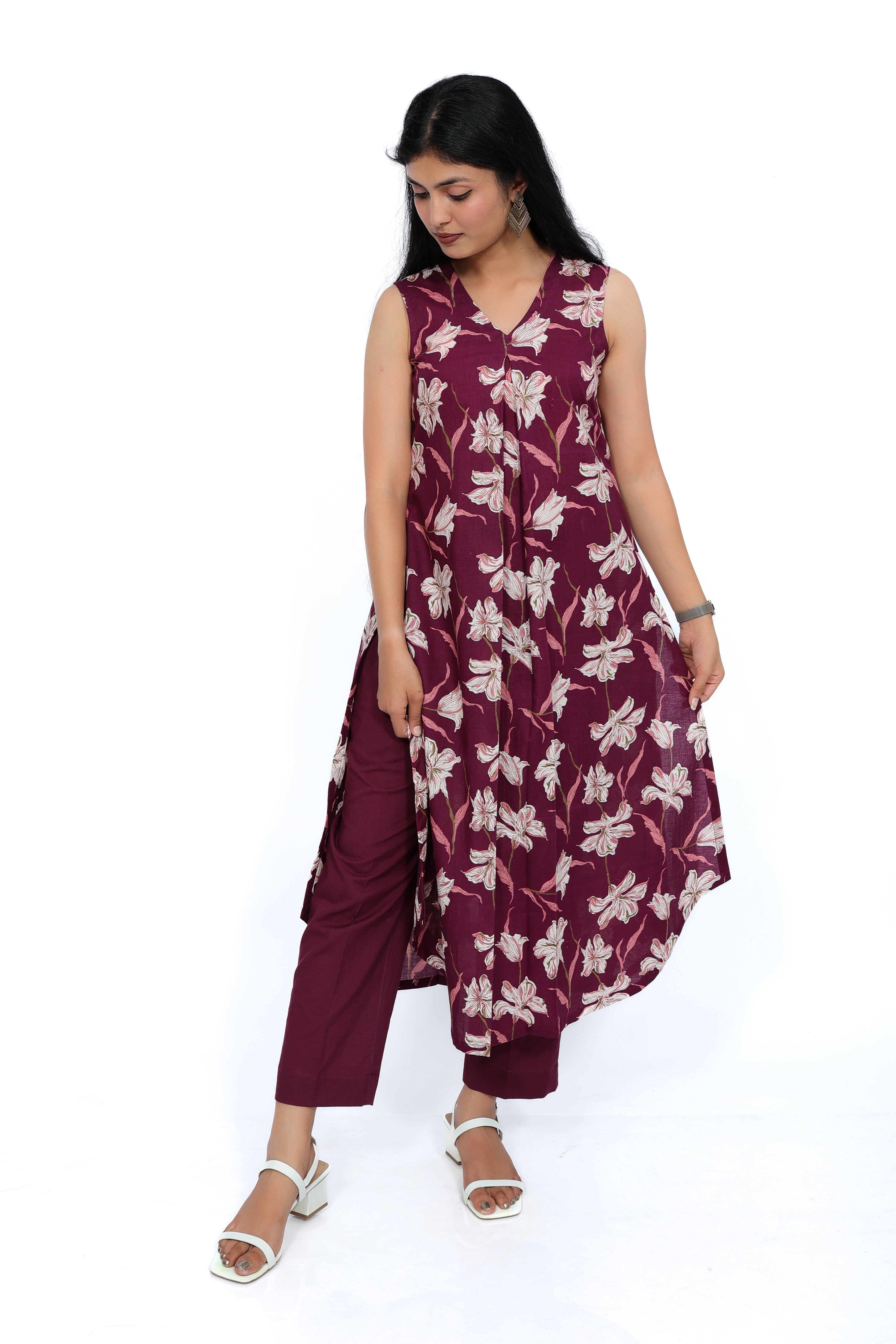 Maroon Lily Floral 100% Cotton Kurta Set