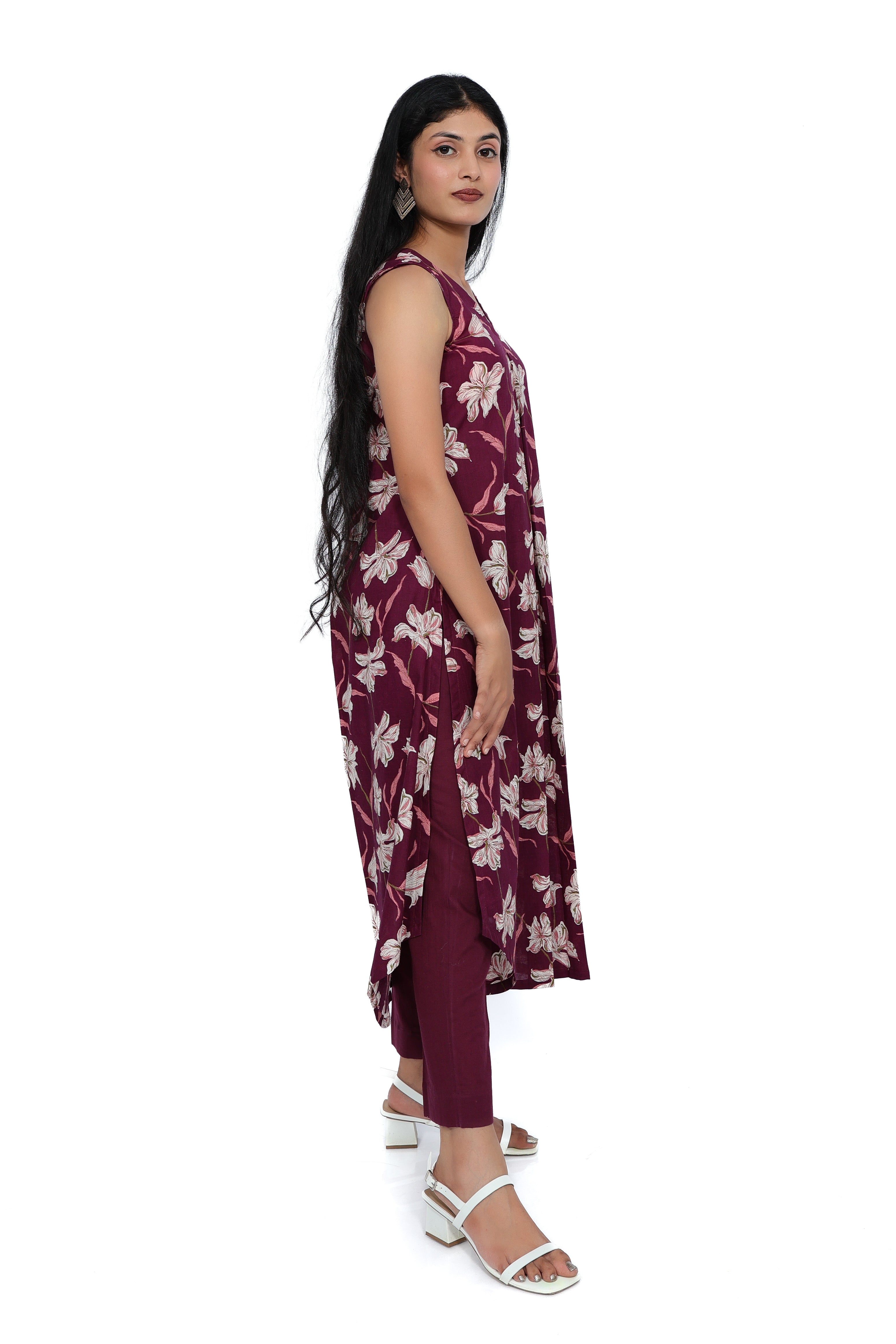 Maroon Lily Floral 100% Cotton Kurta Set