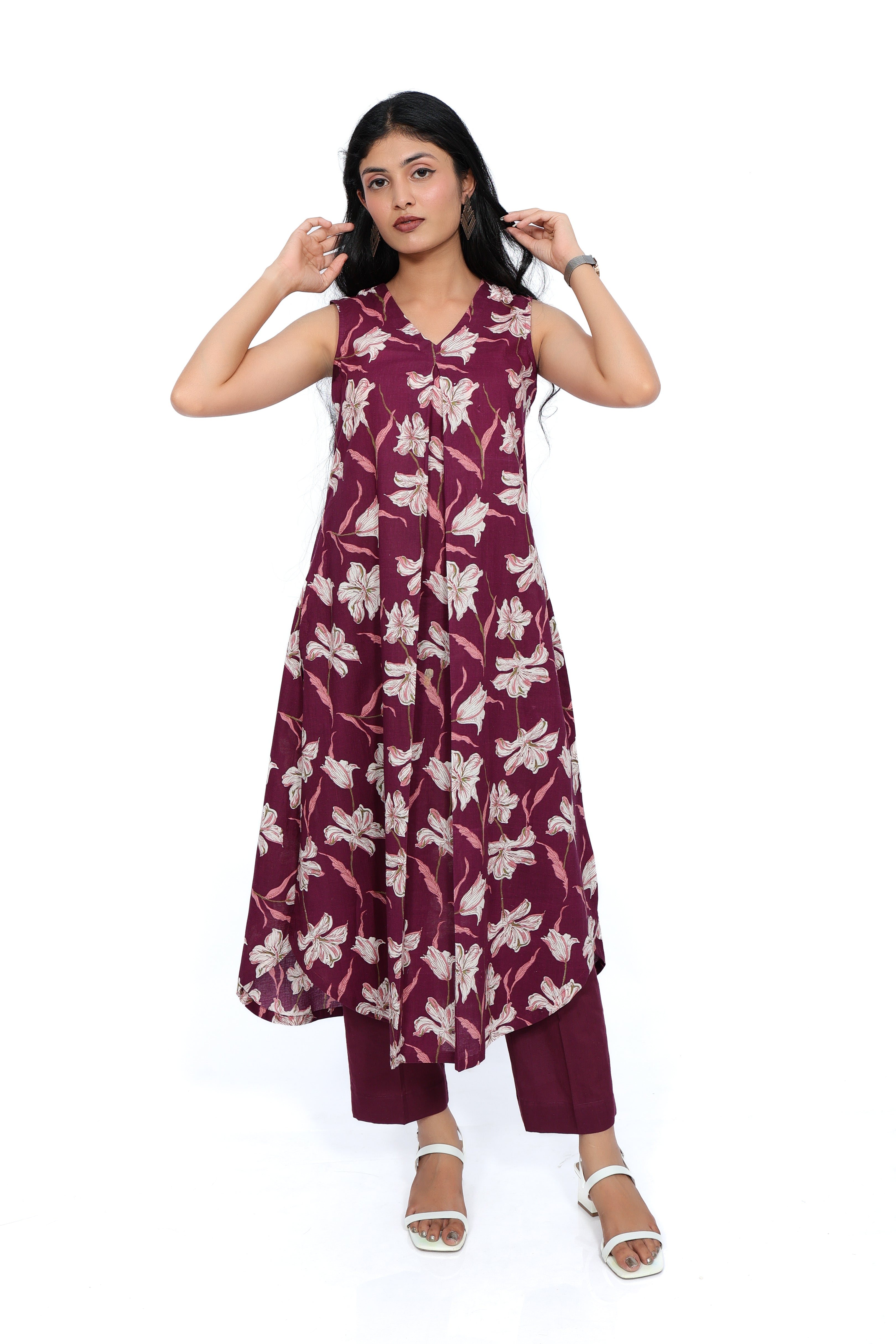 Maroon Lily Floral 100% Cotton Kurta Set