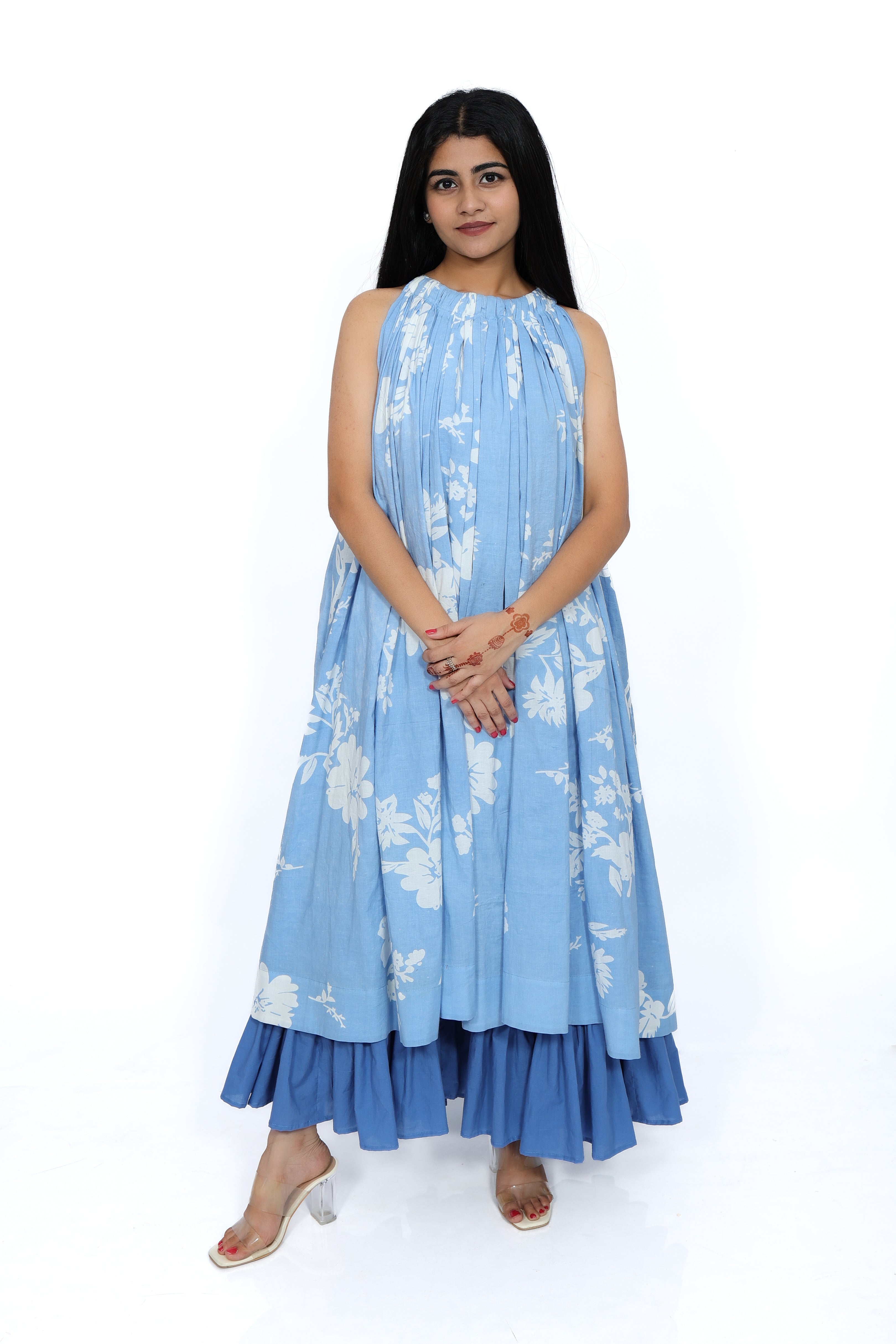 Blue Blossom Cotton Tiered Dress Ensemble