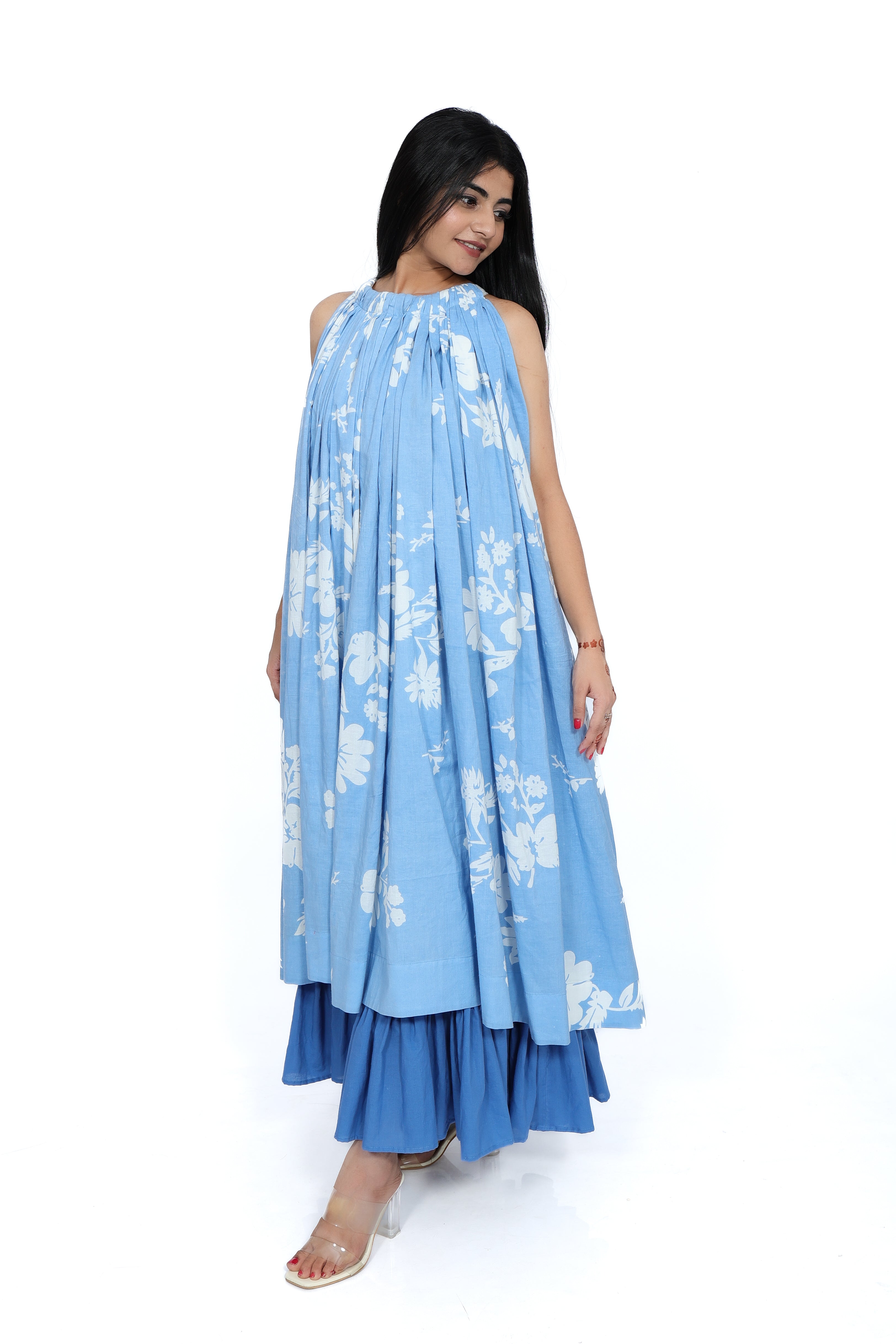 Blue Blossom Cotton Tiered Dress Ensemble