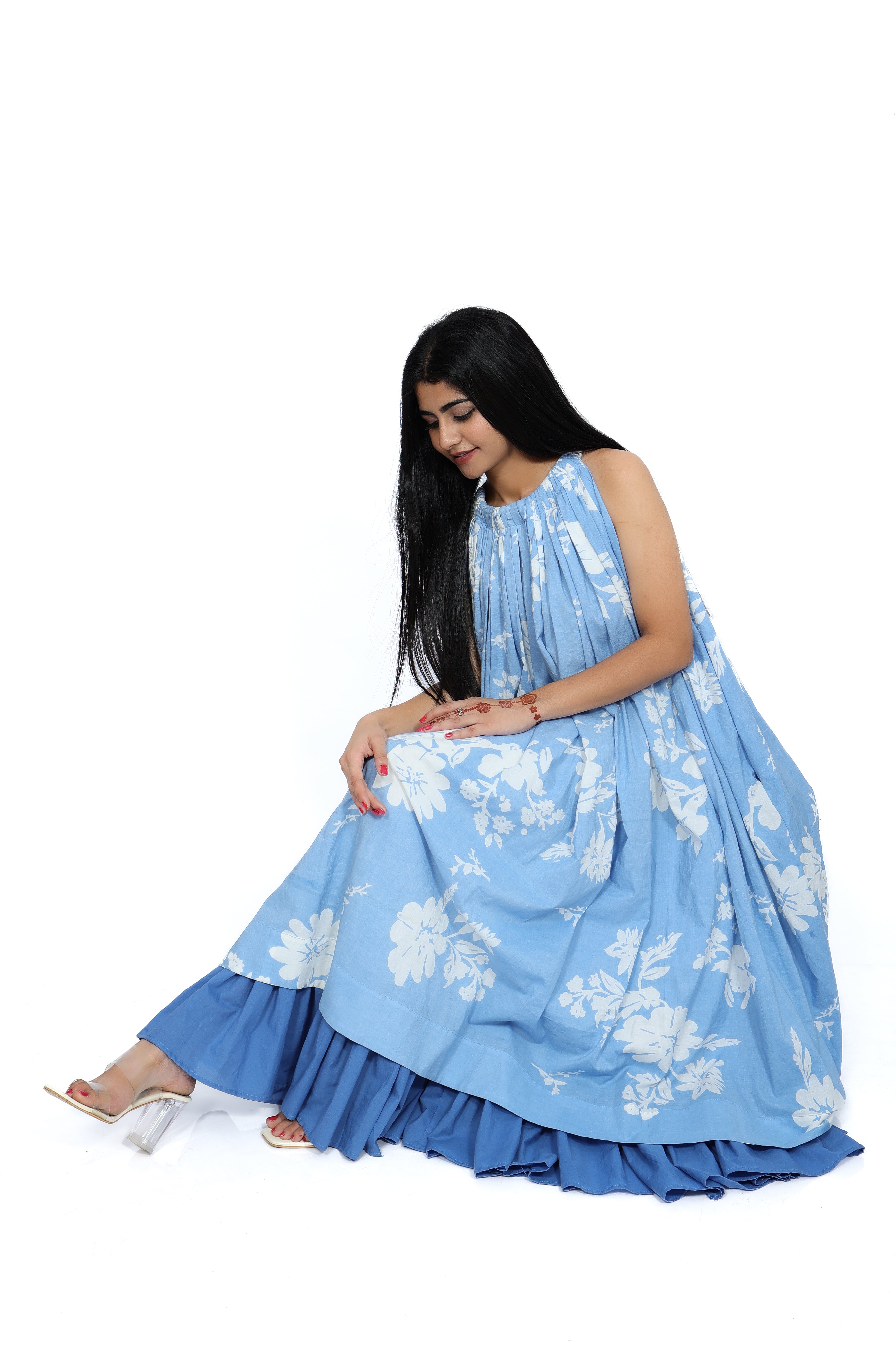 Blue Blossom Cotton Tiered Dress Ensemble