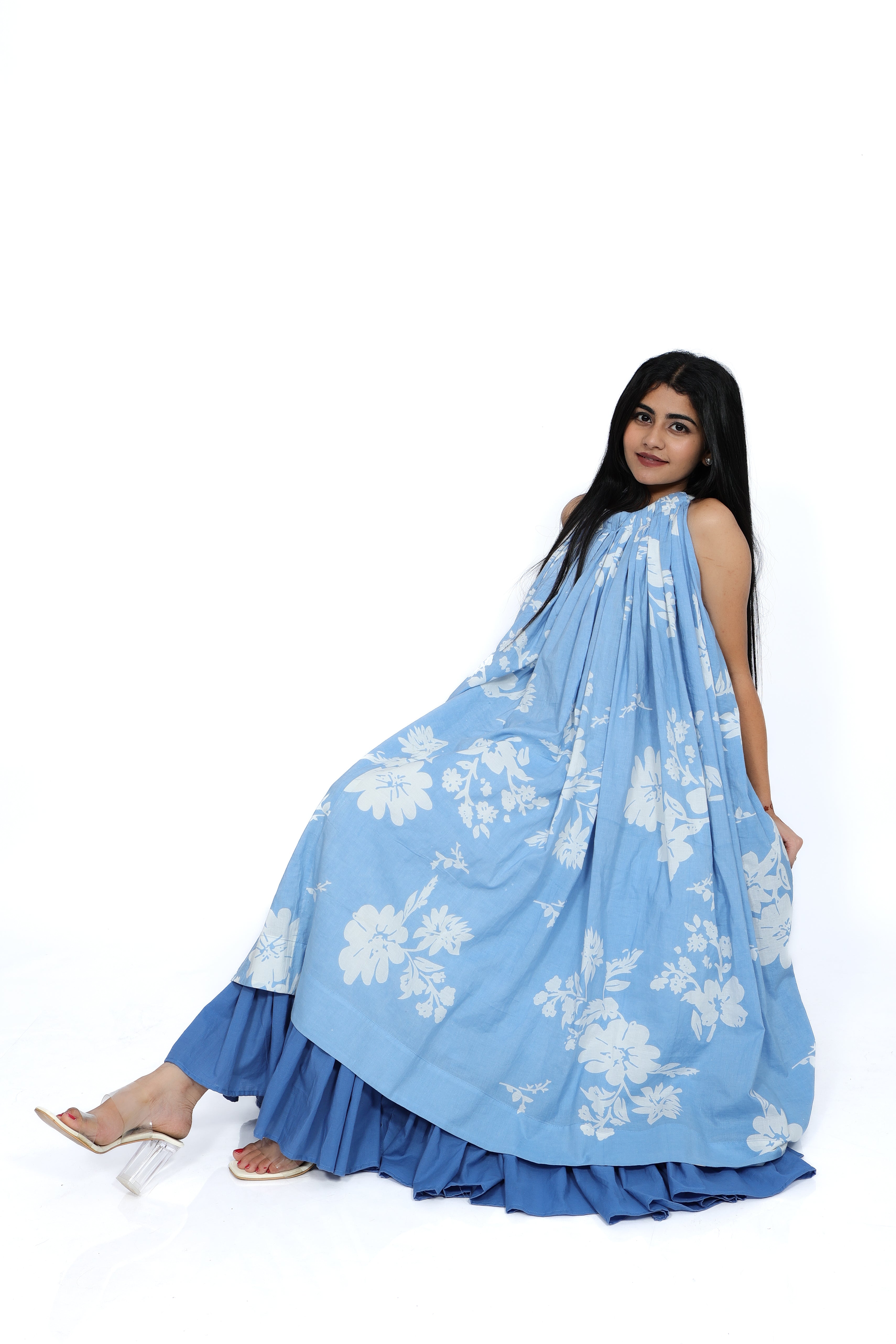 Blue Blossom Cotton Tiered Dress Ensemble