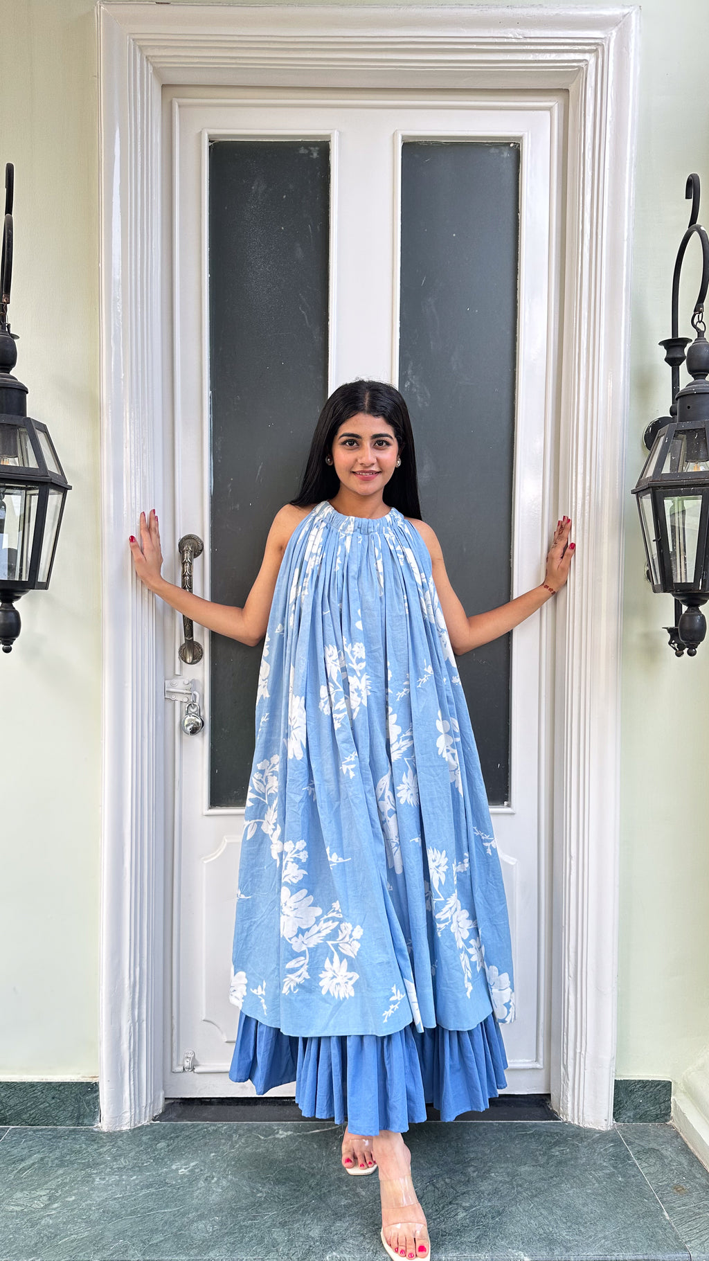 Blue Blossom Cotton Tiered Dress Ensemble