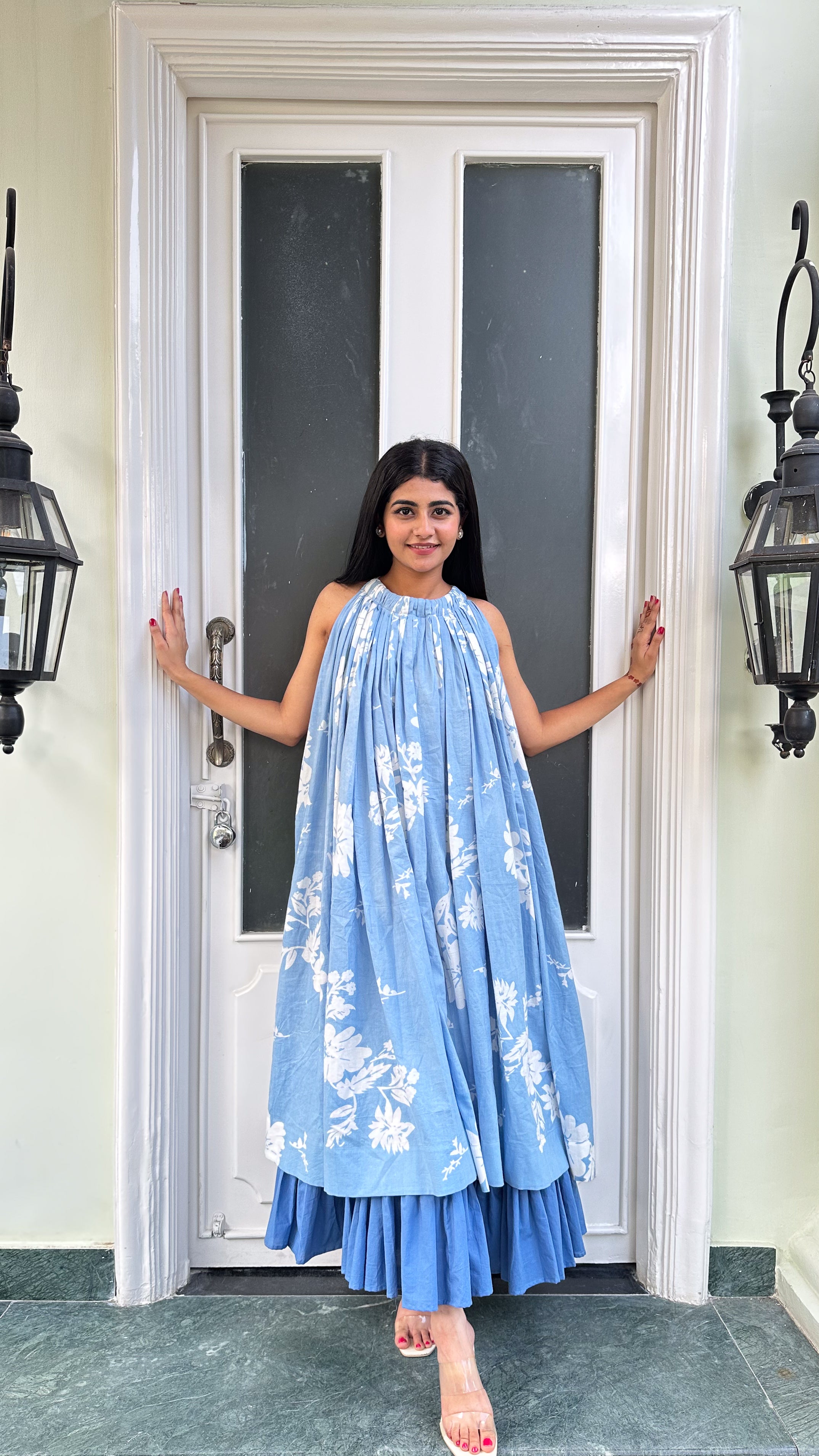 Blue Blossom Cotton Tiered Dress Ensemble